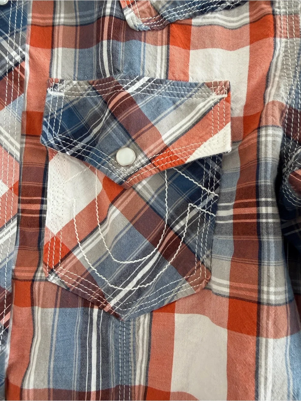 True Religion Men’s Orange and Blue Plaid Button Down Shirt